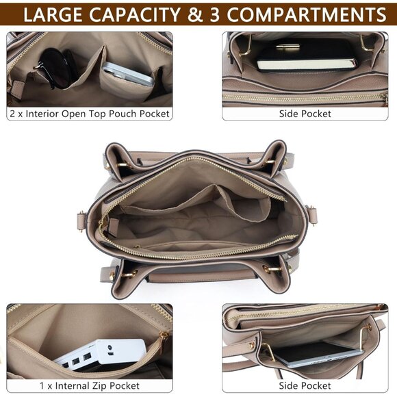 Women's Tan Embroidered Designer Soft Vegan Leather Top Shoulder Handle Bag - Picture 4 of 9